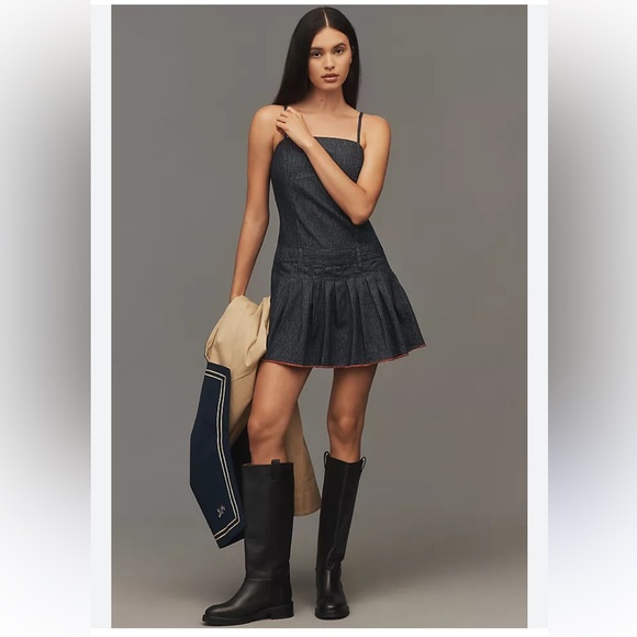 Anthropologie Pilcro Sleeveless Pleated Denim Romper Mini Dress Spaghetti Straps